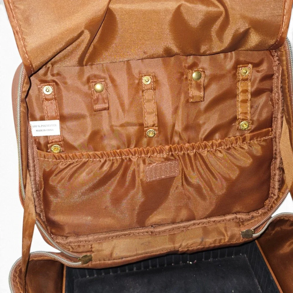 Joy Mangano Vanity Case Women 11x8 Tan Good Removable Tray Mirror Travel Bag